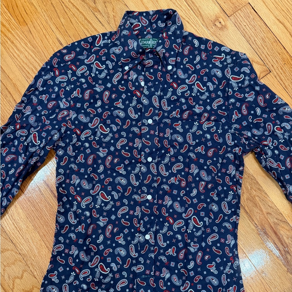 Gitman Bros. Vintage Blue Paisley Shirt Long Sleeve Button-Up Made In USA Small